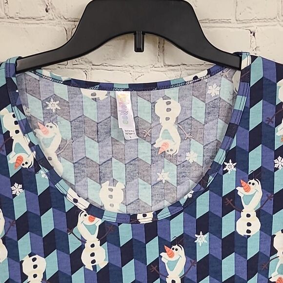 LuLaRoe OLAF Print Perfect T Shirt Disney Frozen Swing Tee Blue Knit Top Small - Picture 4 of 9